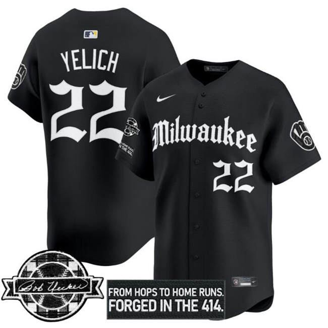 Men's Milwaukee Brewers #22 Christian Yelich Black Gothic Edition Bob Uecker Patch Vapor Premier Limited Stitched Baseball Jersey Men's Milwaukee Brewers #22 Christian Yelich Black Gothic Edition Bob Uecker Patch Vapor Premier Limited Stitched Baseball Jersey